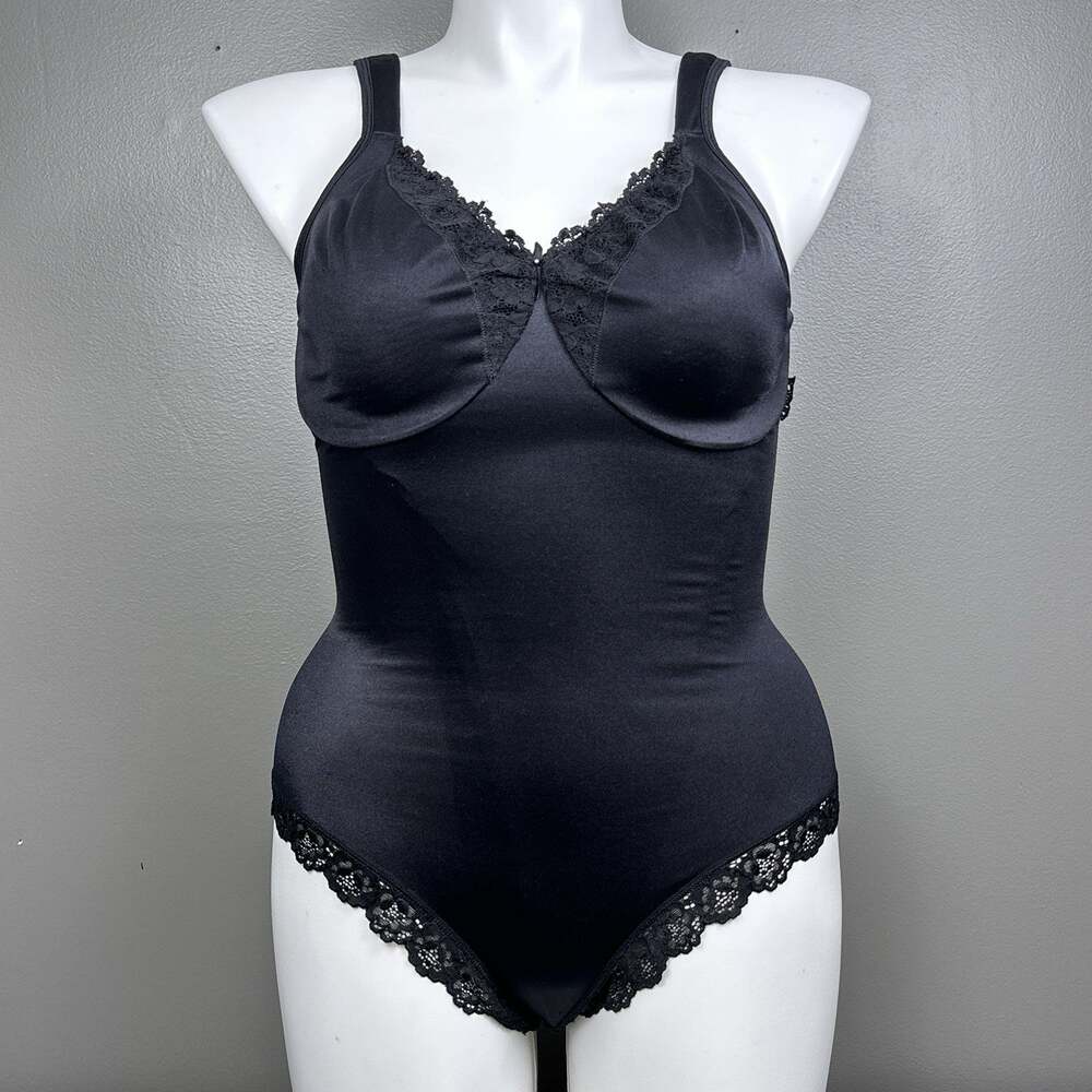 Vintage Curvation Bodysuit 40D Second Skin Satin Black Underwire Bra Teddy Lace